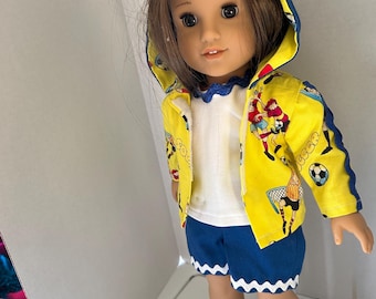 Pantalones cortos y chaqueta en dos colores diferentes (morado y amarillo) para muñeca niña de 18"