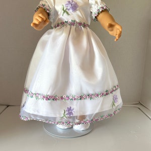 White with overlay and Purple Trim Long Dress and Shoes for 18” Doll
