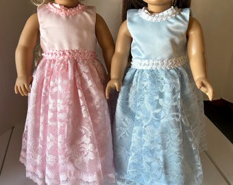 Rosa oder Blau Satin Spitze Langes Kleid und Schuhe für 18 ''Puppe