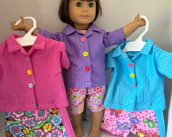 Doll Shirt snd shorts in three different colors ( pink purple teal) for 18" American Girl Doll