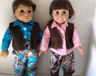 Boy (teal) or Girl (pink) Camo Outfits (shirt vest pants boots) for 18"  Doll