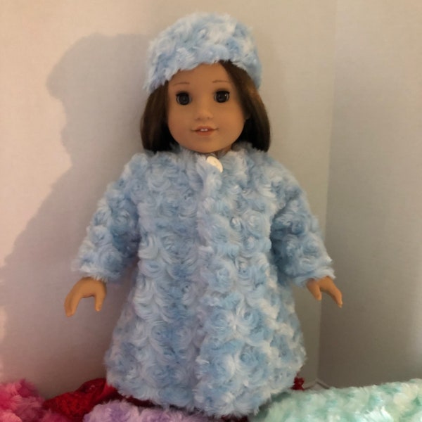 Fur Coat and Hat in 4 colors (blue pink purple teal) for 18” American Girl Doll