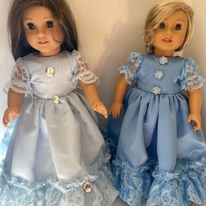 Light or Medium Blue Satin Long Dress with Lace for 18" Girl Doll