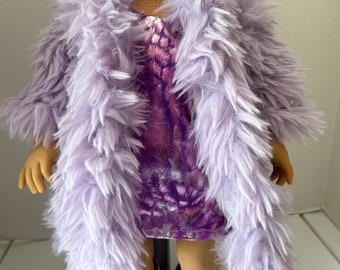 Purple Fur Coat Purple Shiny Dress and  Boots for 18”  Doll Free Shipping
