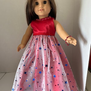 Red with Stars Overlay Long Fancy Dress and Red Star Necklace and Bracelet for 18” girl doll