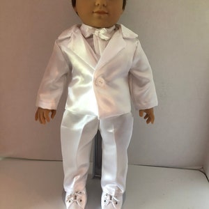 White Satin Tux Outfit (jacket vest shirt pants shoes) for 18&quot; American Boy Doll