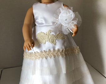 White Sleeveless Long Refurbished Wedding Dress Veil & Flowers and Shoes for 18"  Doll