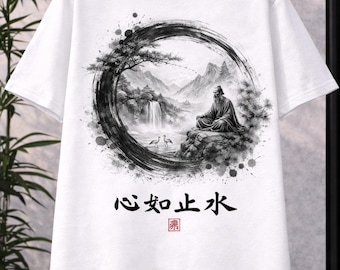 Camiseta con estampado de arte japonés a tinta, camiseta gráfica de paisaje zen, camiseta con caligrafía china, estilo urbano minimalista.