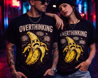Övertänkande banan-t-shirt, rolig ångestgrafik-t-shirt, ledsen banan-tröja