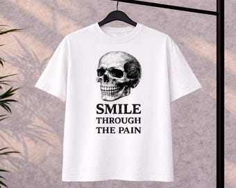 T-shirt med grafisk skalle, Smile Through Pain-tröja, mörk streetwear-tröja, gotisk stil