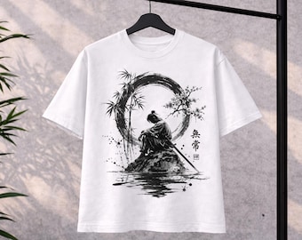 Japansk bläckkonst-T-shirt, samurai-grafik-T-shirt, minimalistisk zen-streetwear-T-shirt