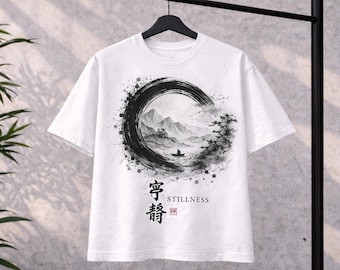 Camiseta de arte japonés con tinta, camiseta con paisaje de círculo zen, camiseta de estilo urbano con gráficos minimalistas.