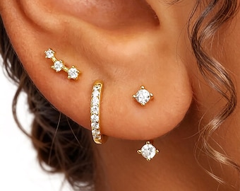 Gold Everyday Ear Stack Set: Huggies Hoop, Ear Climber, Earring Jacket, Minimalist Multi-Piercing Jewelry, Dainty Gift for Her