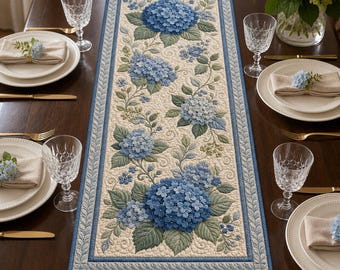 Blue Hydrangea Table Runner, Quilted Floral Centerpiece, Elegant Spring Summer Dining Decor, Cottage Farmhouse Home Accent