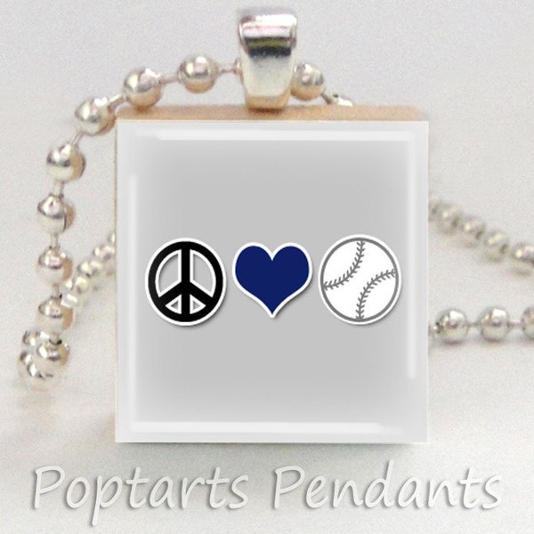 Peace Love Baseball Softball Grey - Scrabble Tile Pendant and Necklace - Buy 2 Get 1 Free - FREE Silver Ball Chain