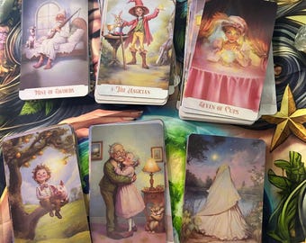 May include: A selection of tarot cards with vibrant illustrations. The cards show scenes such as a magician, a couple hugging, and a figure under a starry sky. Each card has a title and number at the bottom.