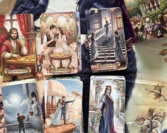May include: A collection of tarot cards featuring illustrated scenes, including the King of Pentacles, Nine of Pentacles, Eight of Cups, Seven of Swords, Three of Wands, and The Emperor, with a box showing a figure holding a rose on a balcony.