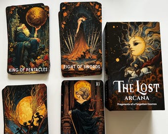 May include: A deck of The Lost Arcana: Fragments of a Forgotten Cosmos tarot cards featuring a box and four individual cards: King of Pentacles, Eight of Swords, Five of Wands, and Justice. Each card displays detailed, dark, and vibrant illustrations.