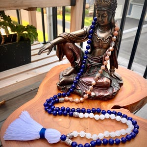 Hand-Knotted Lapis Moonstone Quartz 108 Bead Mala Necklace / Bracelet