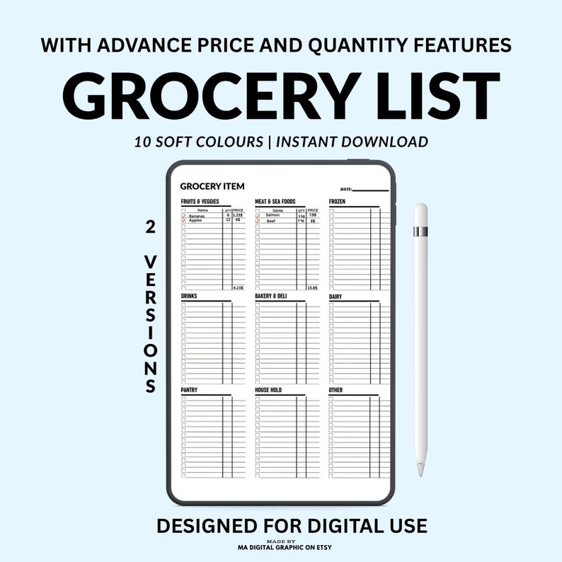 Simple Grocery List Template PDF, Printable Shopping List, Food Planner ...