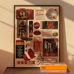 May include: A framed collage featuring various images and text, including a red camera, a disco ball, a Coca-Cola logo, and the words "PARTNER IN CRIME" and "YOU ARE MY FAVORITE BITCH TO BITCH ABOUT BITCHES WITH." The collage is displayed on a metal shelf with books.