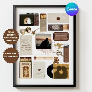 Può includere: Un collage incorniciato con elementi romantici, tra cui foto, scatole di fiammiferi, un biglietto del cinema, un accendino, un disco in vinile e una carta da gioco. Il testo "You me, always on the same team" è visibile. Il tema è l'amore e i ricordi.