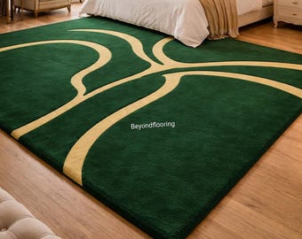 Hand Tufted Emerald Green Wool Rug, Modern Abstract Geometric Carpet