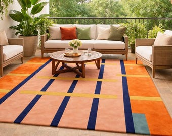 Geometrisch handgetuft tapijt, tapijt met abstract raster, eigentijds tapijt met kleurblokken, luxe handgemaakt tapijt, designer woonkamertapijt, op maat gemaakt tapijt