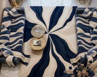 Hand Tufted Blue White Abstract Rug, Modern Swirl Area Rug, Contemporary Wave Carpet, Minimalist Wool Rug, Custom Living Room Statement Rug