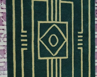 Alfombra de lana tejida a mano, alfombra geométrica verde estilo art déco, decoración personalizada para sala de estar.