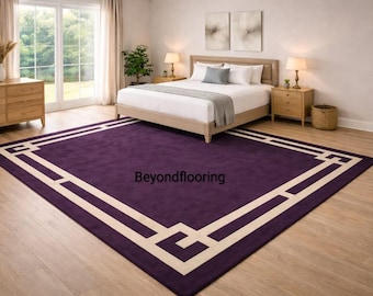 Purple Geometric Rug, Hand Tufted Area Rug, Modern Lavender Carpet, Cream Border Rug, Contemporary Bedroom Rug, Handmade Floor Decor
