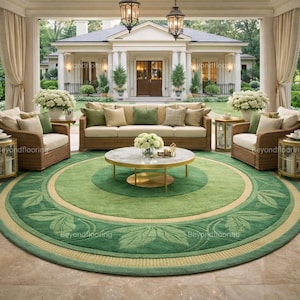 May include: A circular green rug with a leaf design and a light beige border. The rug is in a sunroom with wicker furniture, a sofa, and a marble coffee table. The room overlooks a large house.