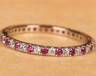 14k Gold Ruby and Moissanite Full Eternity Band, July Birthstone Stacking Ring, Red Gemstone Wedding Band