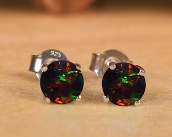 Black Opal Stud Earrings, Round Fire Opal in Sterling Silver, Daily Wear Studs, Gift