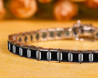 オクタゴンブラックスピネルブレスレット、スターリングシルバーテニス