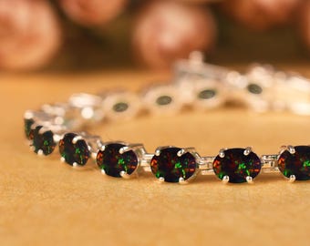 Black Opal Bracelet, Sterling Silver Tennis Bracelet, Anniversary Gift, Wedding Jewelry