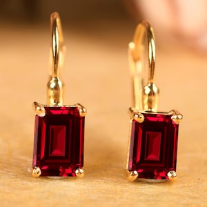 Orecchini pendenti a leva in oro 14 carati con rubino rosso, taglio ottagonale, gioiello con pietra portafortuna di luglio
