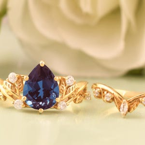 Alexandrite Pear Engagement Ring Set, 14k Gold Wedding Band, June Gemstone