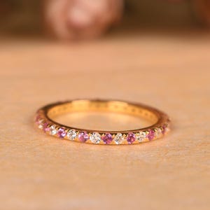 Pink Sapphire & Diamond Wedding Band / fine Jewelry / Pink Sapphire Eternity Band 14k Yellow Gold Wedding Ring / Anniversary Gifts for Her