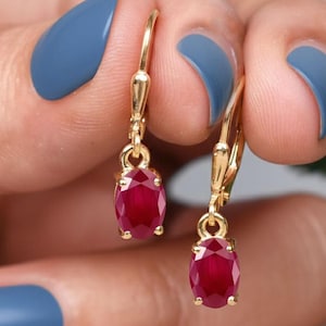 Oval Ruby Leverback Earrings | July Birthstone, Gold Dangle