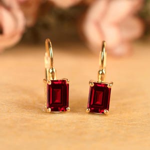 14K Gold Ruby Red Lever back Earrings | Octagon Drop, Anniversary Gift, Women's Jewelry, Fashion