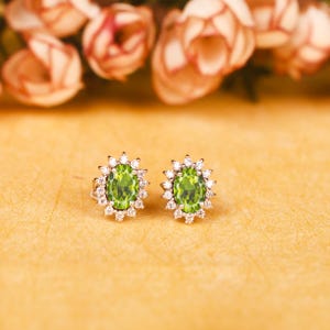 Genuine Peridot Halo Earrings in Sterling Silver or Gold | Oval Green Gemstone Studs| Gift for Her