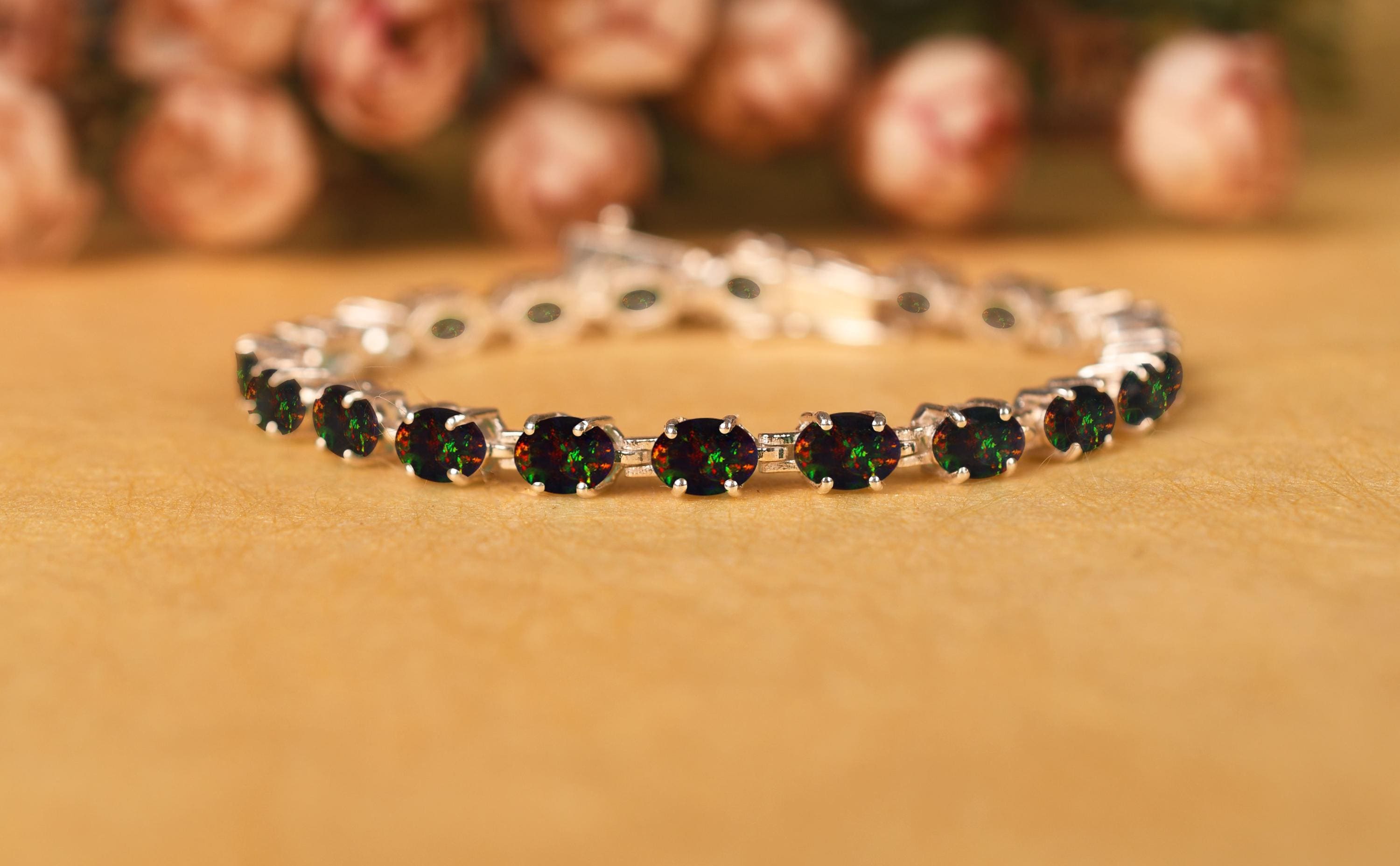 ブラックオパールブレスレット、スターリングシルバーのテニス