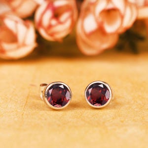 6mm Garnet Stud Earrings, Sterling Silver Bezel Set, Daily Wear, Gift for Her