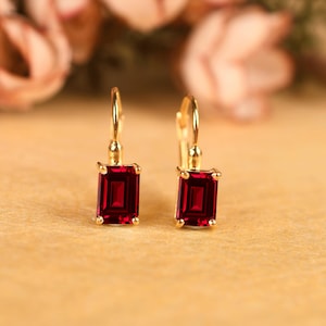 14K Gold Rubin Rot Brisur Ohrringe, Achteck Schliff Ohrringe, Juli Birthstone Schmuck