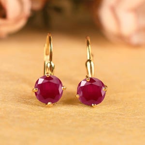 14k Gold, Ruby Red Lever Back Earrings | Round Drop, Bridal Jewelry Gift, Valentine's Day