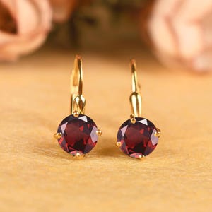 14K Gold Garnet Lever Back Earrings | Round 6MM Drop Bridal Jewelry Gift, Dangle Earring