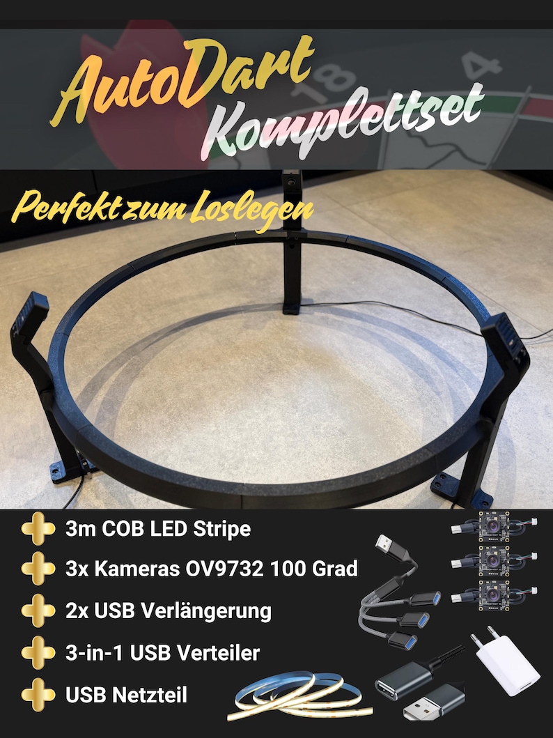 Autodarts komplett set | Komplett system | Ljusring | inkl. OV9732-kameror och alla kablar | Winmau | Dartring | Väggfäste | Ståldart bild 2