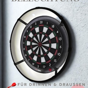 May include: A black Granboard 3S dartboard with a white LED light ring. The dartboard features a classic design with red, green, and black segments. The image includes three red darts and text that reads "FÜR DRINNEN & DRAUSSEN".