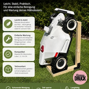 Op de afbeelding: Een houten onderhoudsstandaard voor een Mammotion Luba robotmaaier. De standaard is gemaakt van lichtgekleurd hout en houdt de witte robotmaaier in een rechtopstaande positie. Tekst op de afbeelding bevat Reinigungsstation / Wartungsstation.